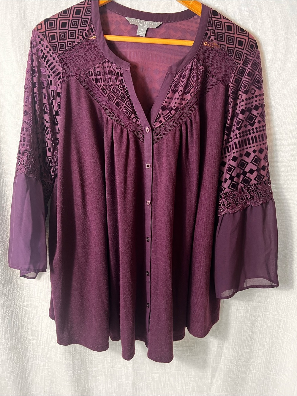 VALERIE STEVENS PLUM Crochet Yoke Button-Front Blouse SIZE PLUS 2X